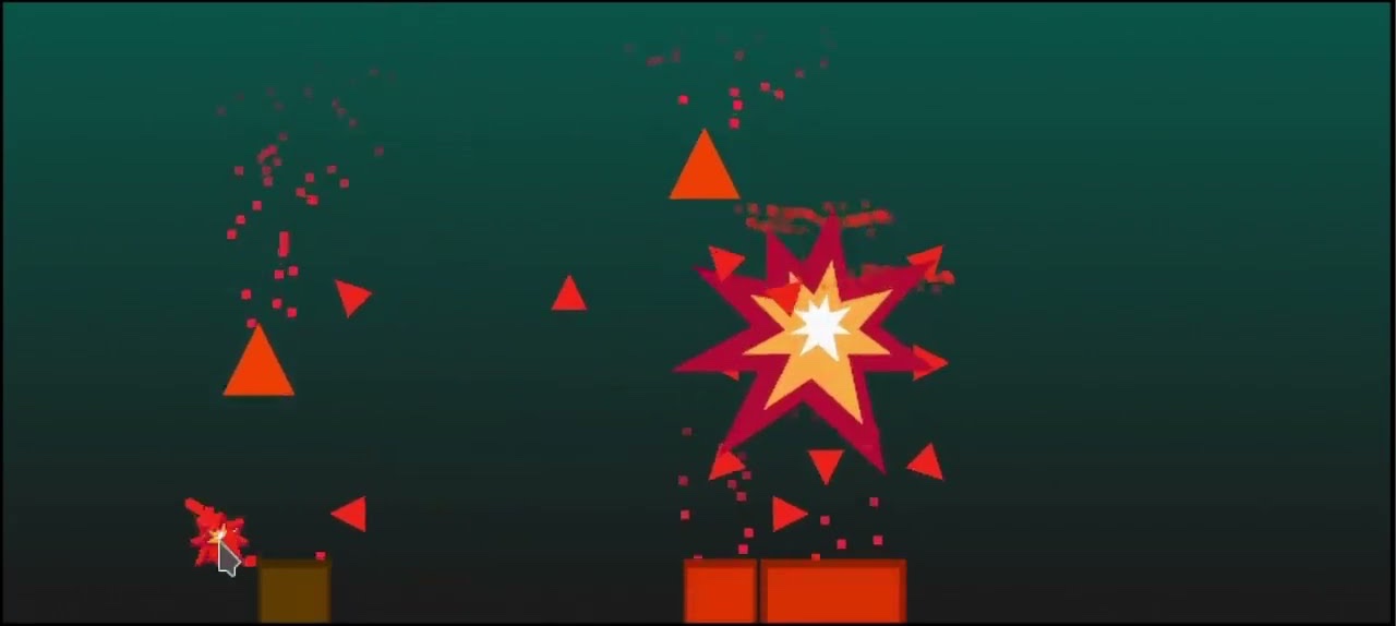 A cartoon explosion throws red triangles and fire particles outward over two orange blocks