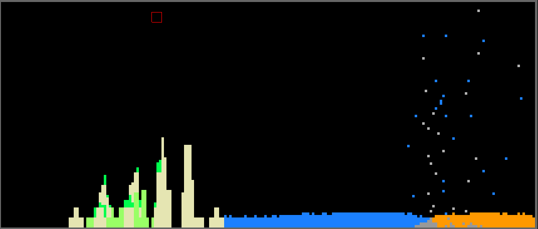 Blocky pixel sand stacked in tall straight towers with grass on top, a flat pool of water, and lava next to grey stone with steam and water drops drifting up